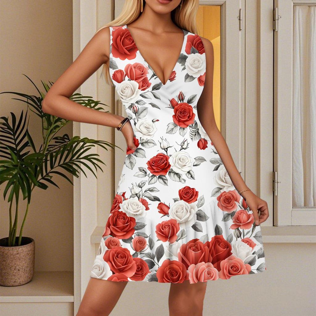 Women's Summer Dress V Neck Sleeveless Casual Floral Print Hem Pleated Dress