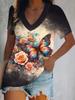3D Printed Short Sleeve Butterfly Floral Print Women's V-Neck T-Shirt Summer Loose Women's Casual Short Sleeve Top