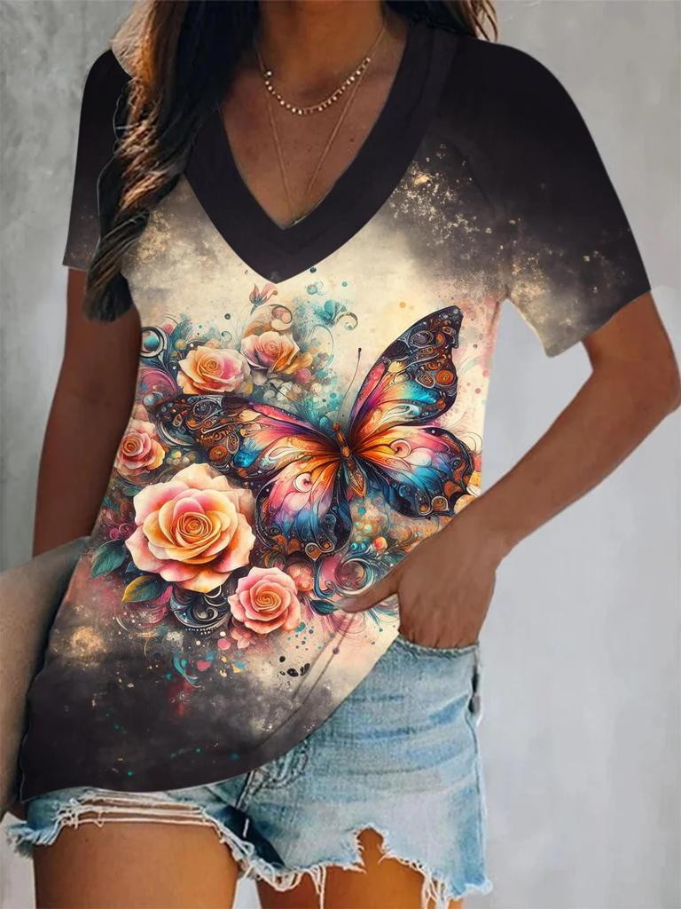 3D Printed Short Sleeve Butterfly Floral Print Women's V-Neck T-Shirt Summer Loose Women's Casual Short Sleeve Top