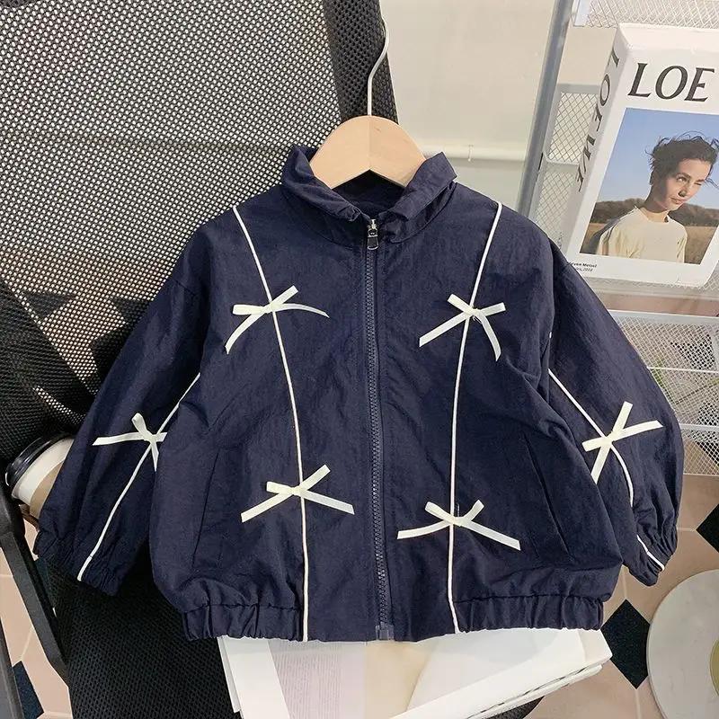 

Детская куртка одежда весна осень дети бант однотонный молния пальто малыш мода повседневный ветровка верхняя одежда 90 темно-синий