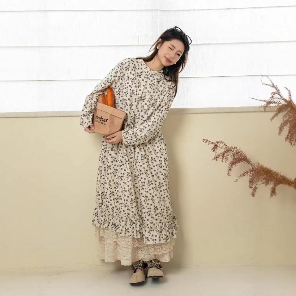 2026 Spring Mori Girl Pure Cotton Floral Print Long Sleeve Loose Pullover Dress
