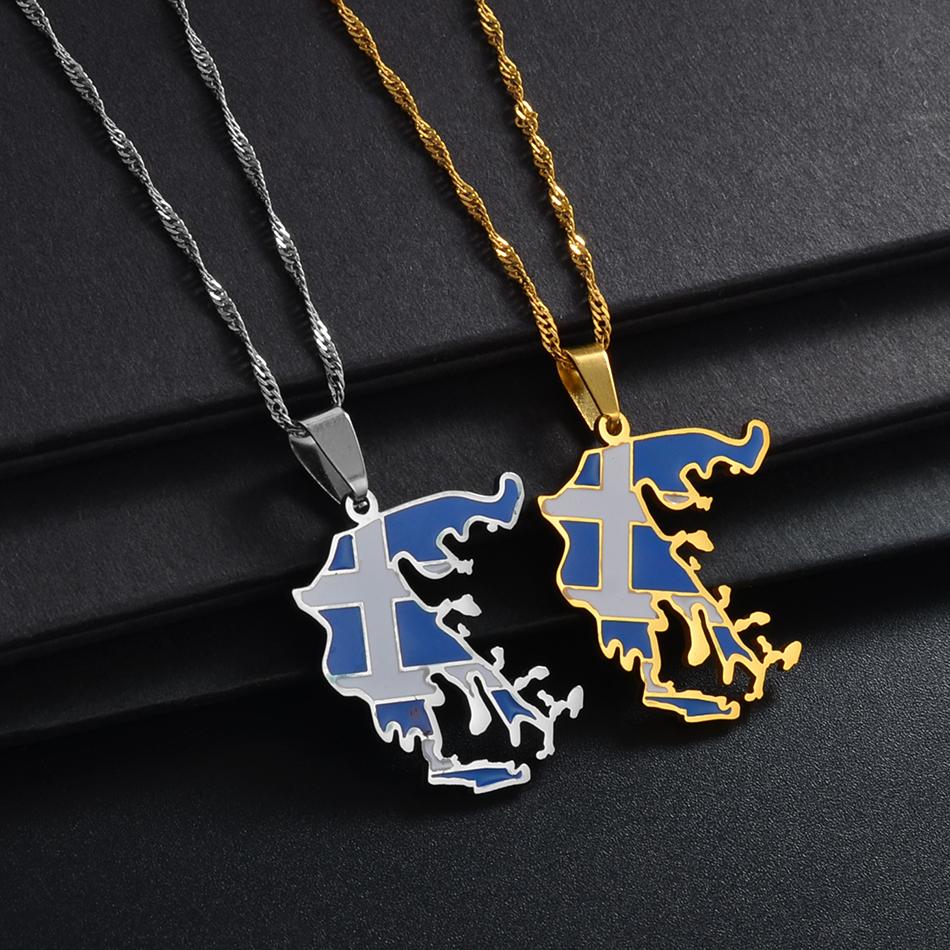 Anniyo Greece Map and Flag Pendants Necklaces Silver Color/Gold Color Greek Jewelry Patriotic @241621