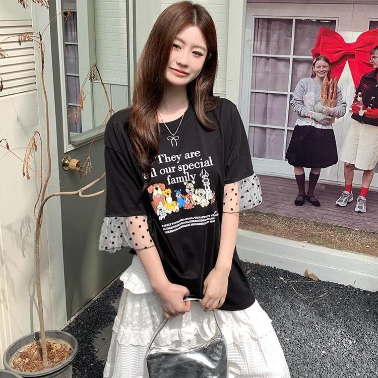 High Quality Pure Cotton Plus Size Tee Shirt Summer Funny Cartoon Print T Shirt Women Clothes Harajuku Oversized Mesh Splicing T-shirt Black Y2k Tops