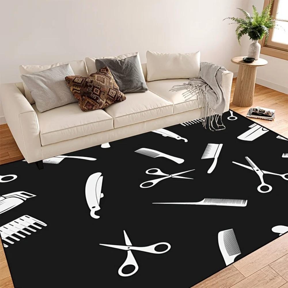 Barber Shop Tool Mat - Scissors & Comb Pattern Rug for Living Room, Hair Salon & Bedroom, Machine Washable Decor Carpet