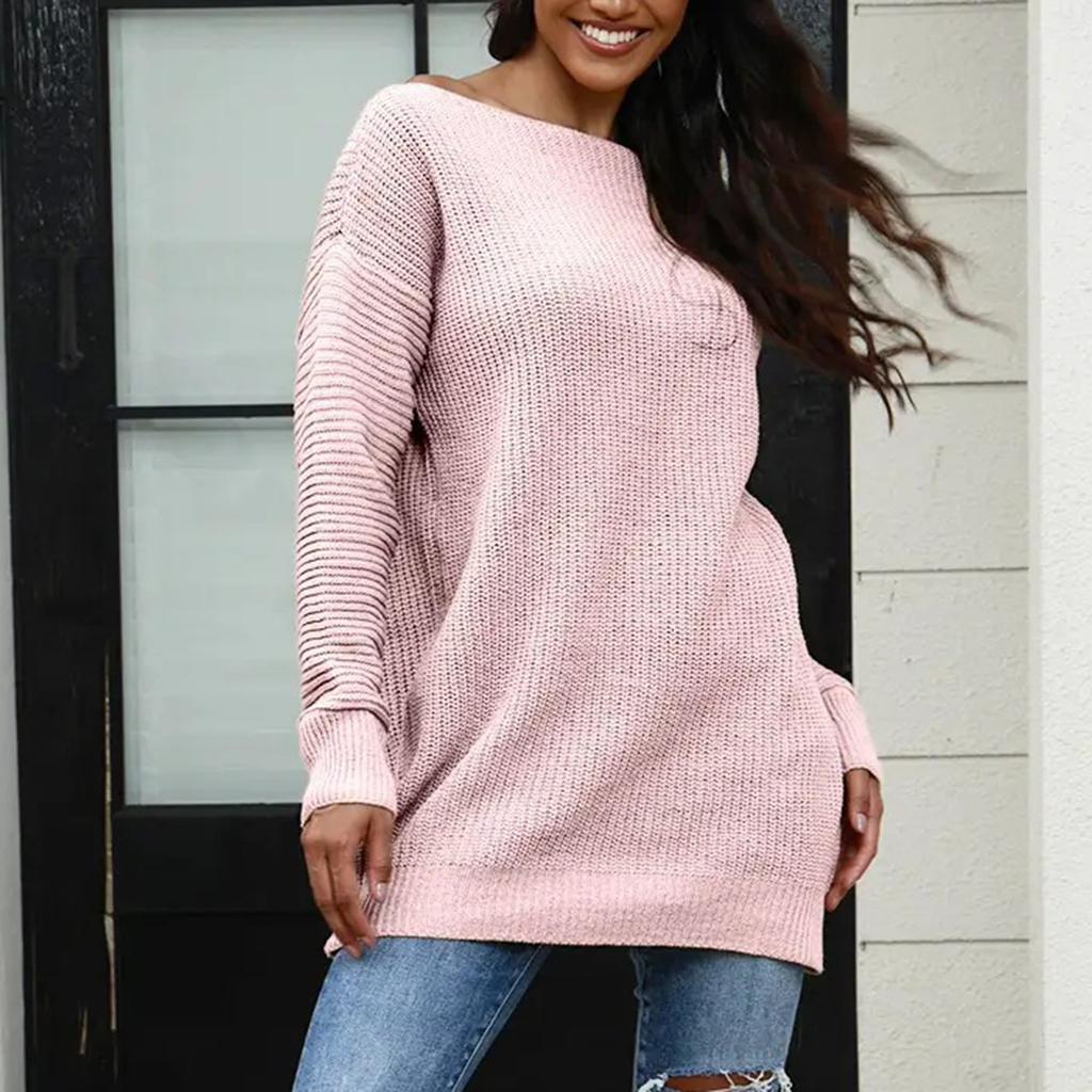 Women's Winter Loose Versatile One-shoulder Solid Color Mid-length Knitted Sweater
