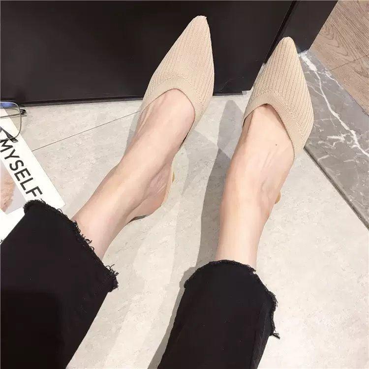 High heels women wear 2025 burst new knitted thick heel sandals Internet celebrity Mueller shoes wear pointed toe half slippers women