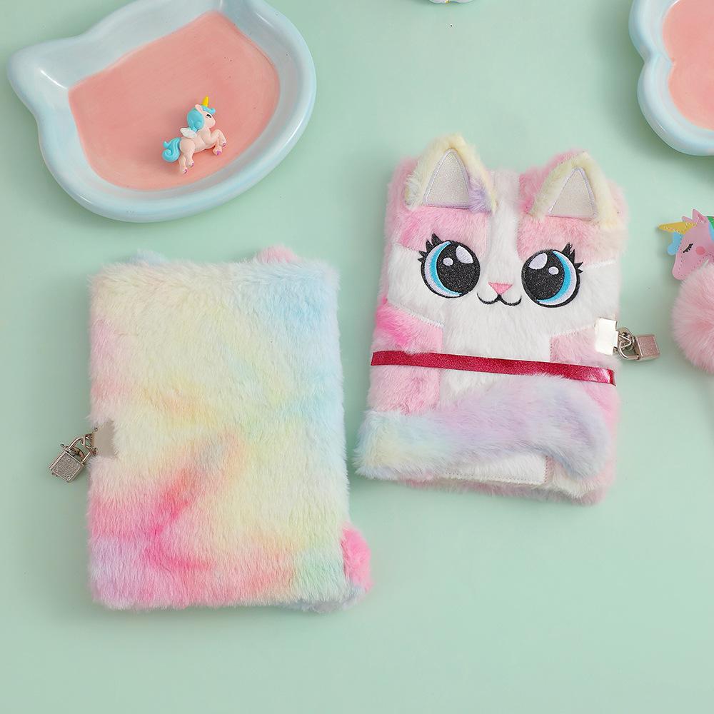 Cute Cat Plush Notebook with Lock 4 Colors Soft Furry Journal Diary, Secret Password Book for Girls Kids School Stationery Gifts