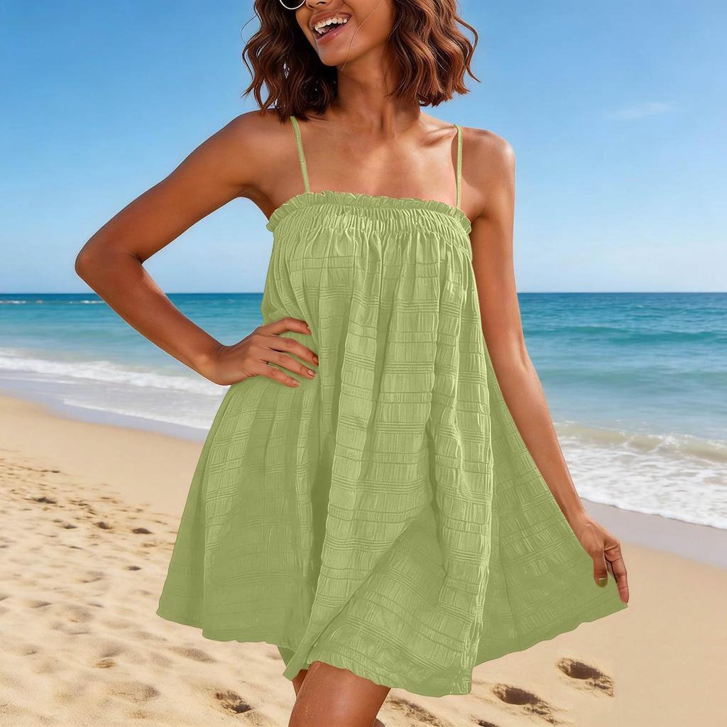 Women Sleeveless Loose Fit A-Line Mini Dress with Spaghetti Straps and Pockets Lightweight Summer Casual Dress
