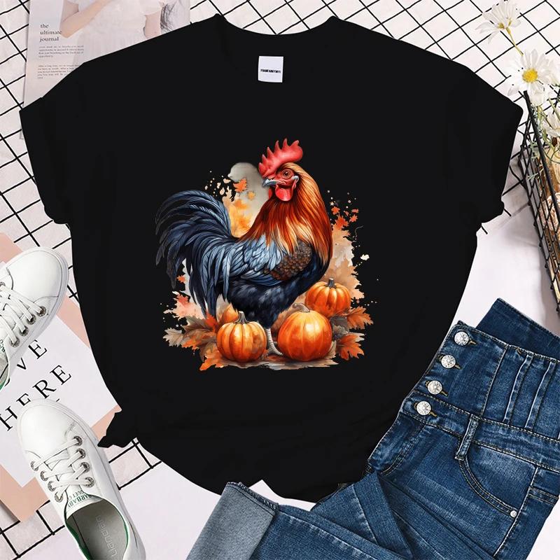 (Premium T-shirt)Cool Fall Chicken Pumpkin Print T-Shirt For Women Summer Fashion Casual T-Shirts Short Sleeve Creative Tops
