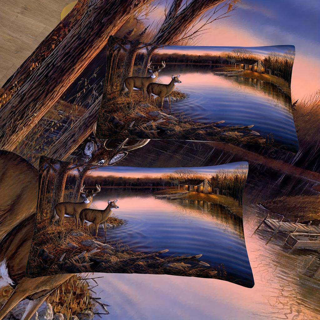 Comforter 2/3-Pcs Digital Printed Deer 3D Bedroom Machine Washable Bedding Set Super Soft Suitable For All Seasons