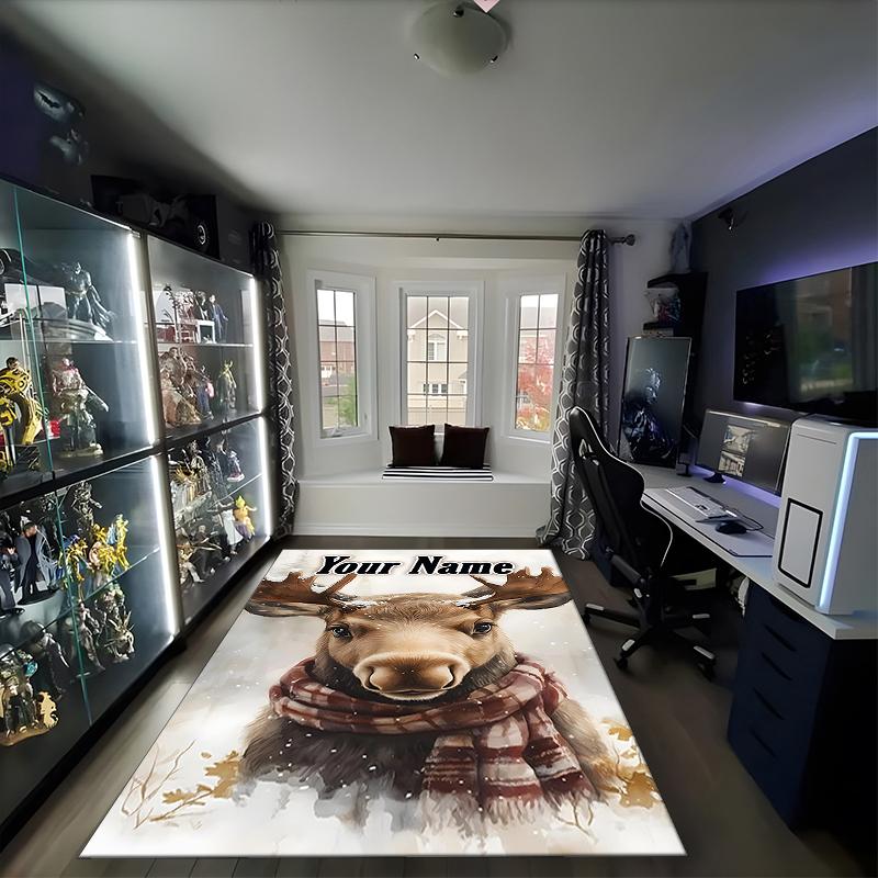1PC Custom Name Winter Moose Portrait Theme Floor Mat Ideal for Living Room, Game Rooms, Office, Bedroom,Floor Mat Playful Design