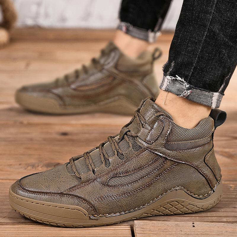 2025 New Large Size Men's Shoes Hand-sewn Medium and High Top Casual Shoes Leather Flat Bottom Outdoor Tooling Boots