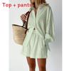 Fall Womens Printed Cotton Blouse And Shorts Set With Pockets For Casual Office Wear