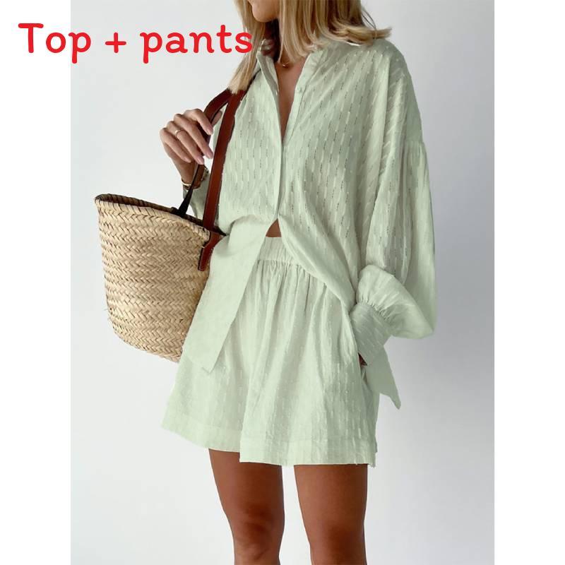 Fall Womens Printed Cotton Blouse And Shorts Set With Pockets For Casual Office Wear