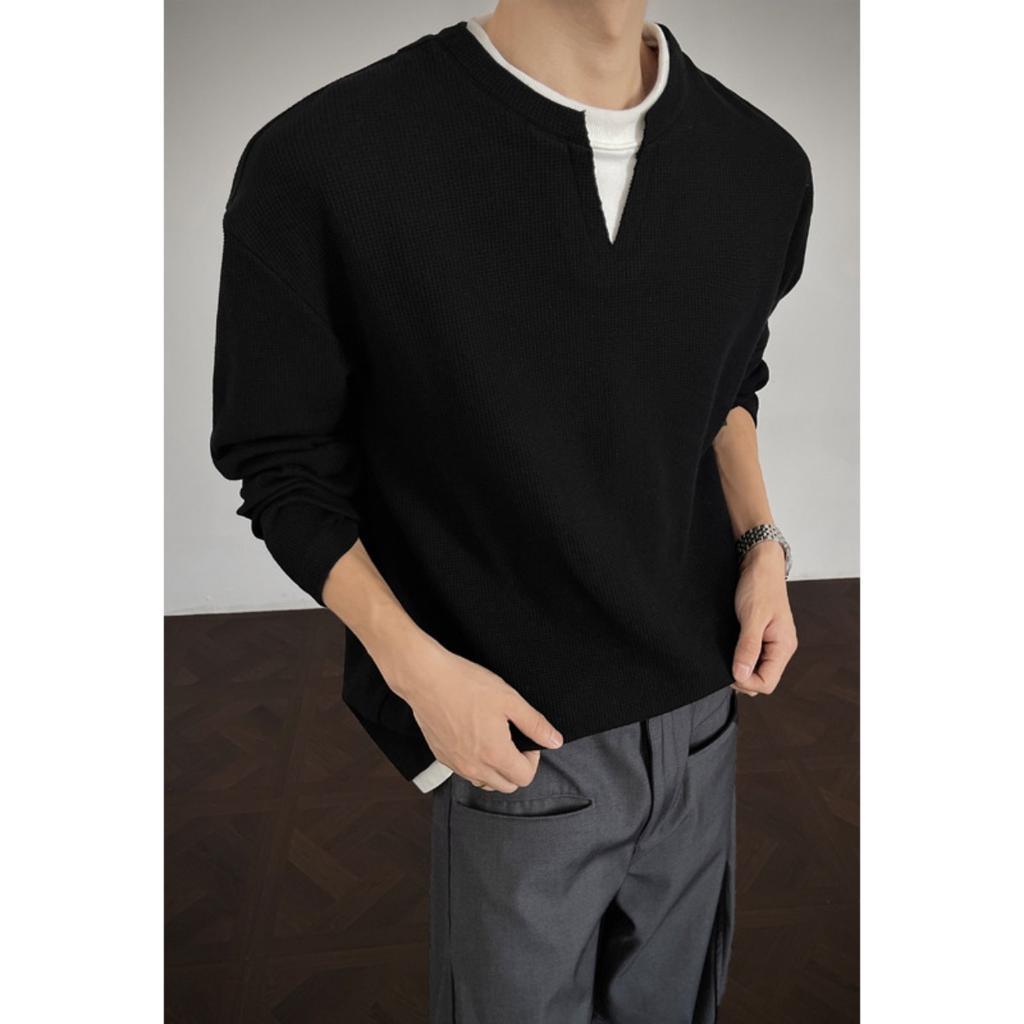Fake Two Long Sleeved T-shirts, Men's Spring and Autumn Trend, Waffle Style Loose Fit, Bottom Layer, Simple Casual Top