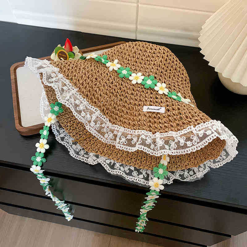 

Big brim lace edge straw hat spring 2025 new seaside sunshade sun hat flower sunscreen hat M（56-58cm）