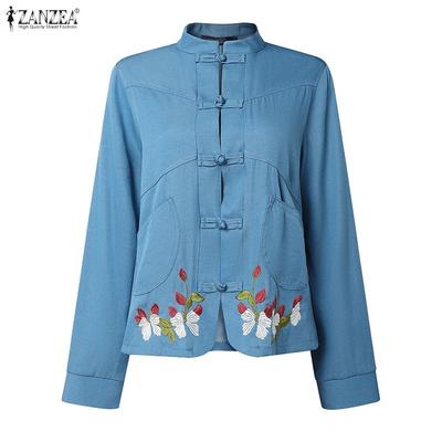 Women Casual Stand Collar Long Sleeve Floral Embroidery Blouse