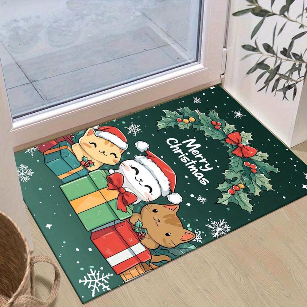 1pc Christmas Themed Rug, Three Happy Kittens and Christmas Gifts Print, Bedside Carpet, Non slip Laundry Room Mat, Machine Washable Water A 60cm by 90cm