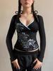 Y2K Spicy Girl Floral V-Neck Long Sleeve Cinched Waist T-Shirt