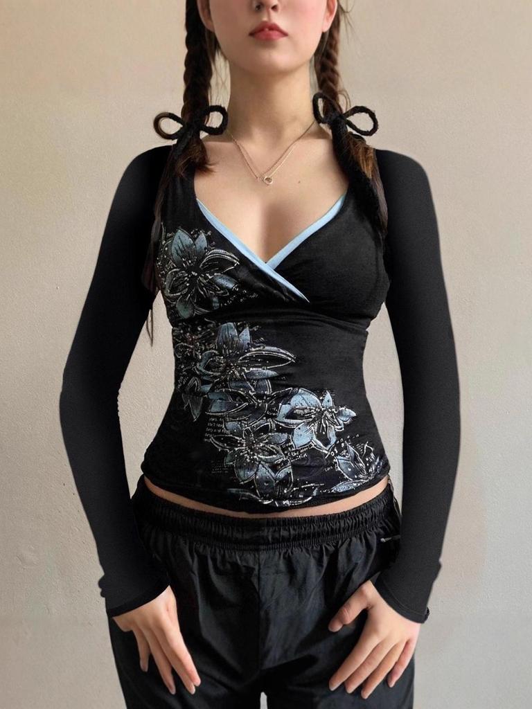 Y2K Spicy Girl Floral V-Neck Long Sleeve Cinched Waist T-Shirt