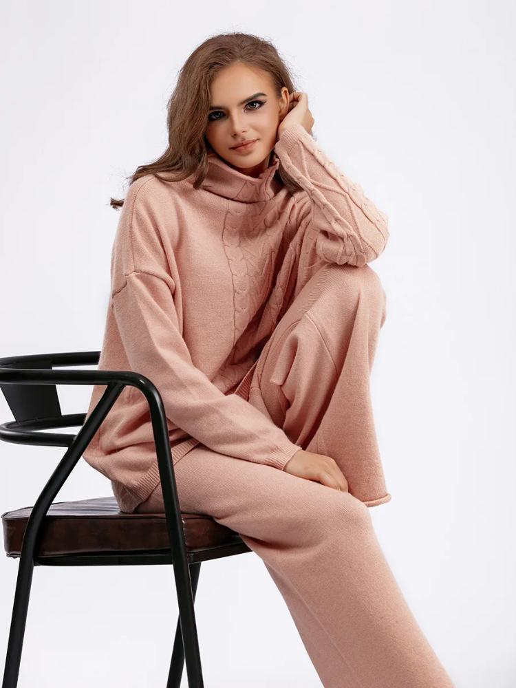 Herbst Winter Warm Verdicken Pullover für Damen Trainingsanzug Gestricktes 2-teiliges Set Rollkragen Strickpullover und Elastische Hosen Anzüge