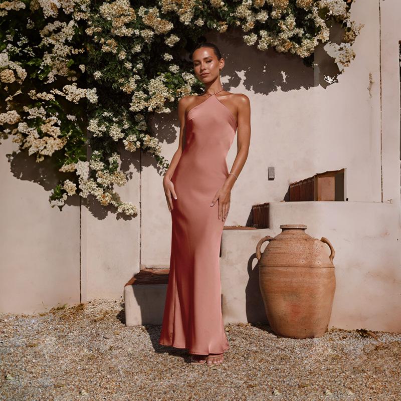 Women Design Sense Backless Spaghetti Strap Solid Ankel-Length Dress V-neck High Waist