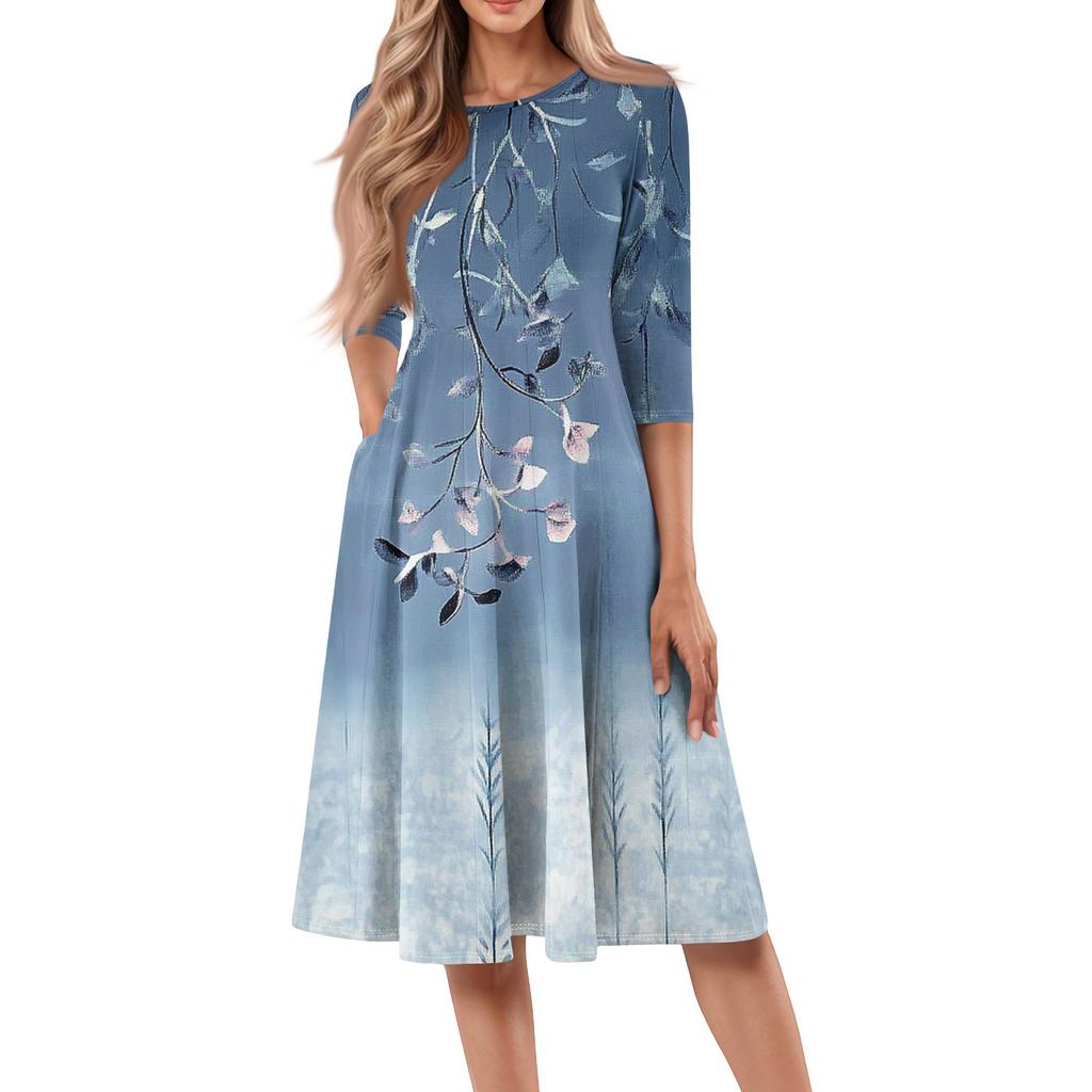 Women's Casual Fashion Round Neck Three Quarter Sleeve Print Midi Dress