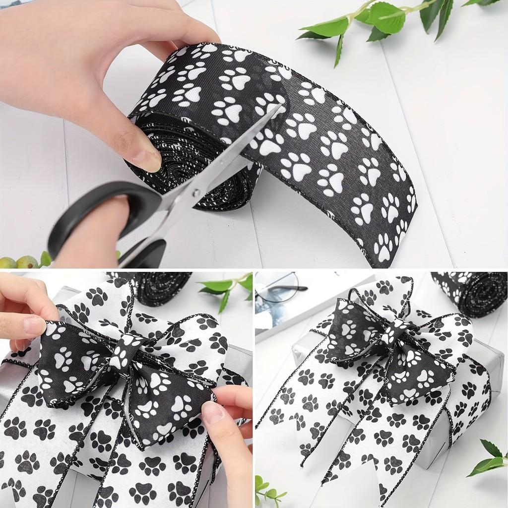 White Satin Ribbon With Black Paw Prints Perfect For Pet Themed Diy Projects And Decorations