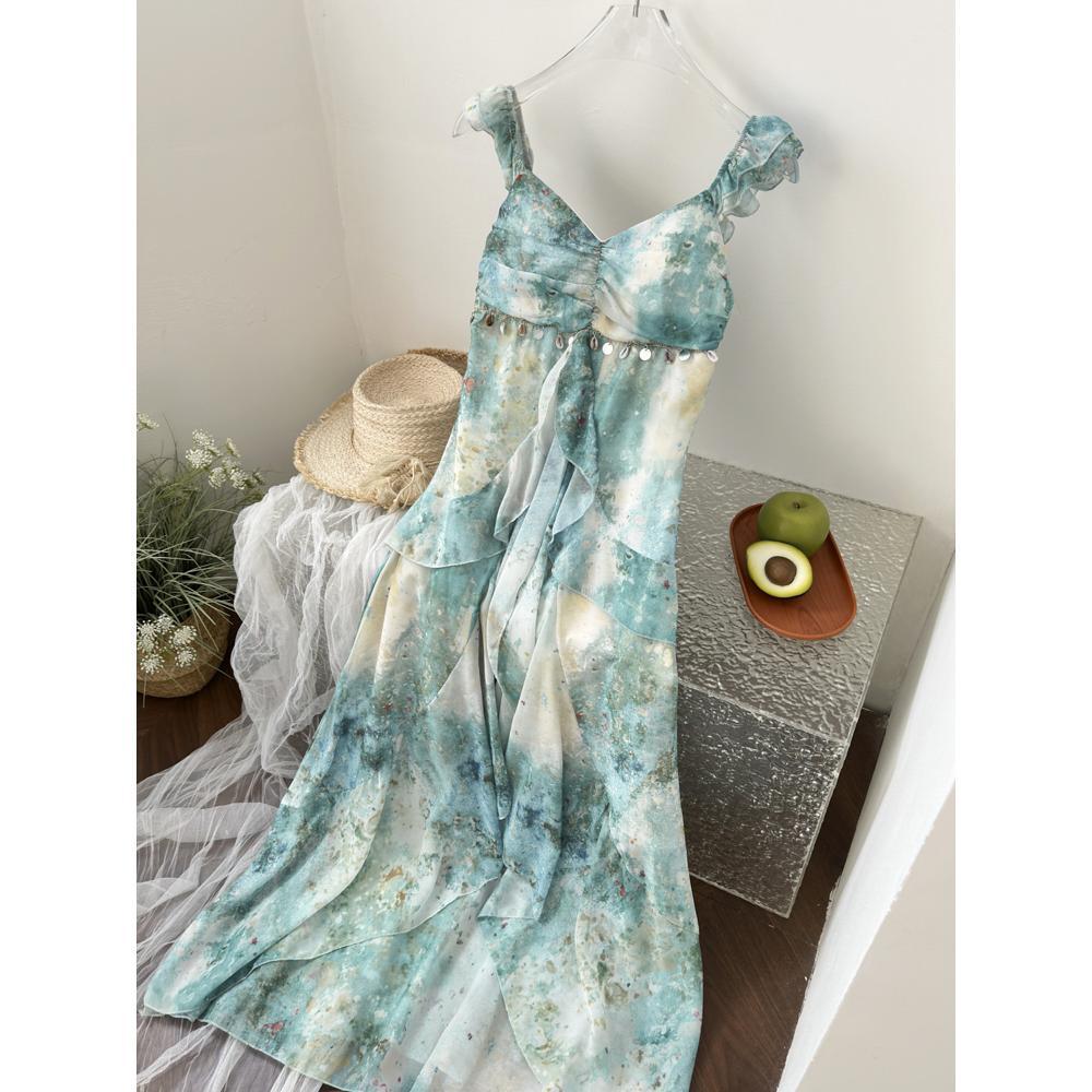 Folded summer suspender temperament dress women's summer printing thin gauze medium and long skirt suspender skirt new