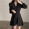 Women's Petite French Polka Dot V-Neck Long-Sleeve Belted Dress - Short Skirt for Spring & Autumn.