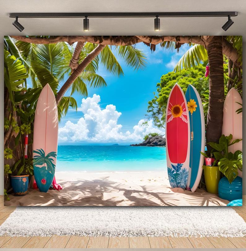 Summer Seaside Fruit Beach Palm Tree Theme Banner Background, Holiday Camping Party Decoration Photography Studio Backdrop Cloth