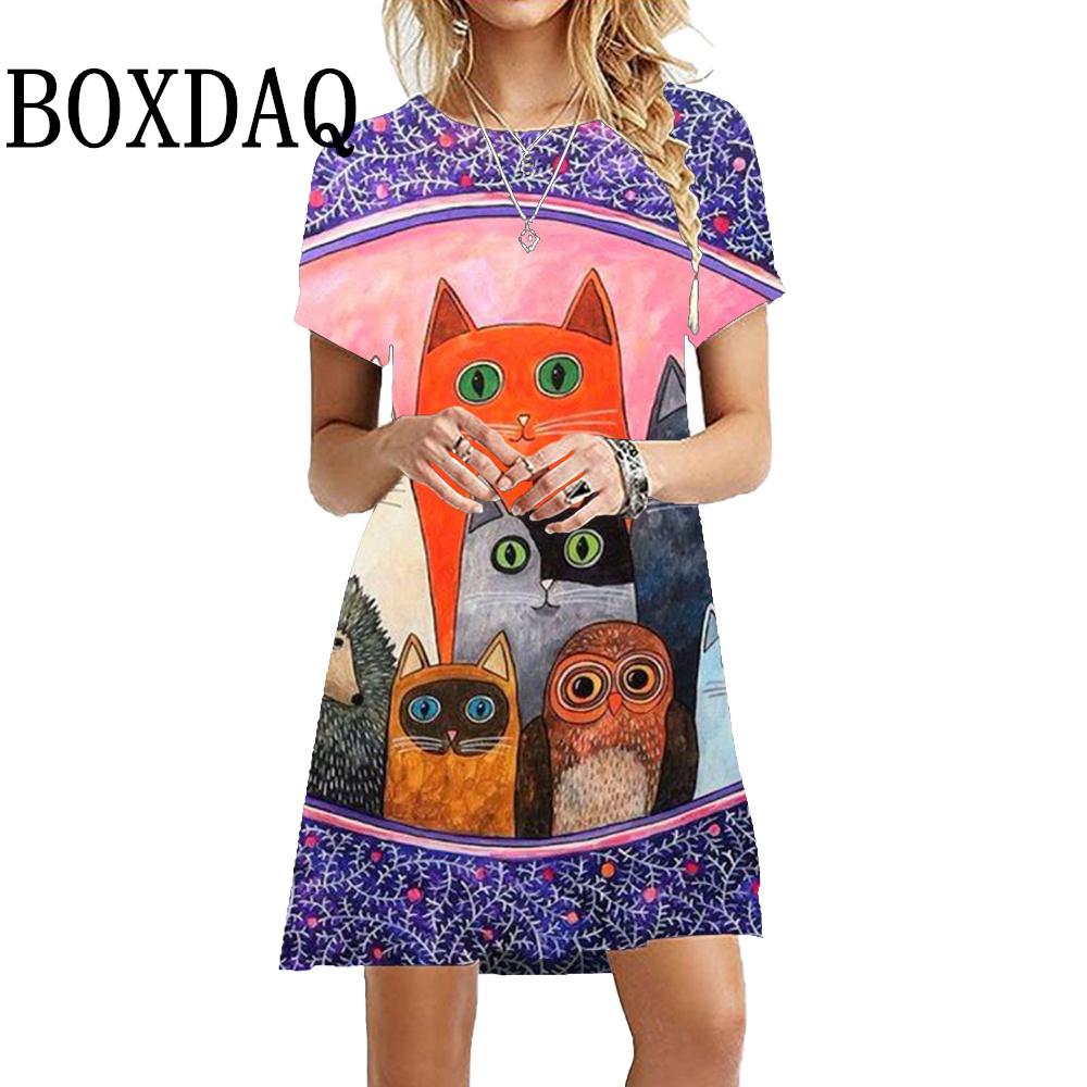 

Caton Cute Cat 3D Printed Girl Dress Summer Feminine Kawaii Elegant Cat Casual Dress 6XL