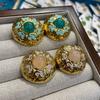 Retro Personality Trend Copper Plated Real Gold Enamel Blue Round Stud Earrings Exquisite Blue Glazed Earrings