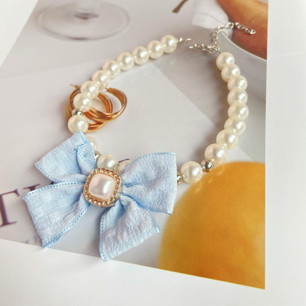 Cream Wind Pet Pearl Necklace Temperament Bow Elegant Princess Wind Cat Dog Accessories Kitten