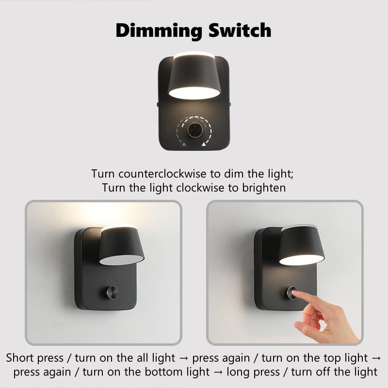 Dimming LED Wall Lamp With Knob Switch 350 Degrees Rotatable Bedroom Bedside Light Aluminum Indoor Sconce Lighting