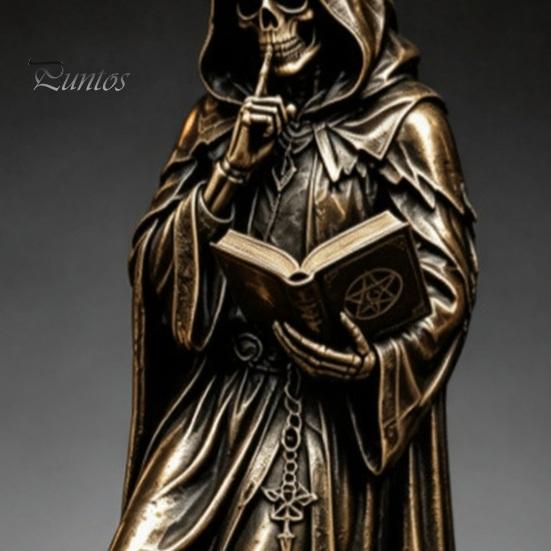Occult Home Decoration Gothic Hooded Reaper Reading Book Resin Statue, Mystical Wizard Skull Figurine Unique Fantasy Collectible Desktop Bookshelf