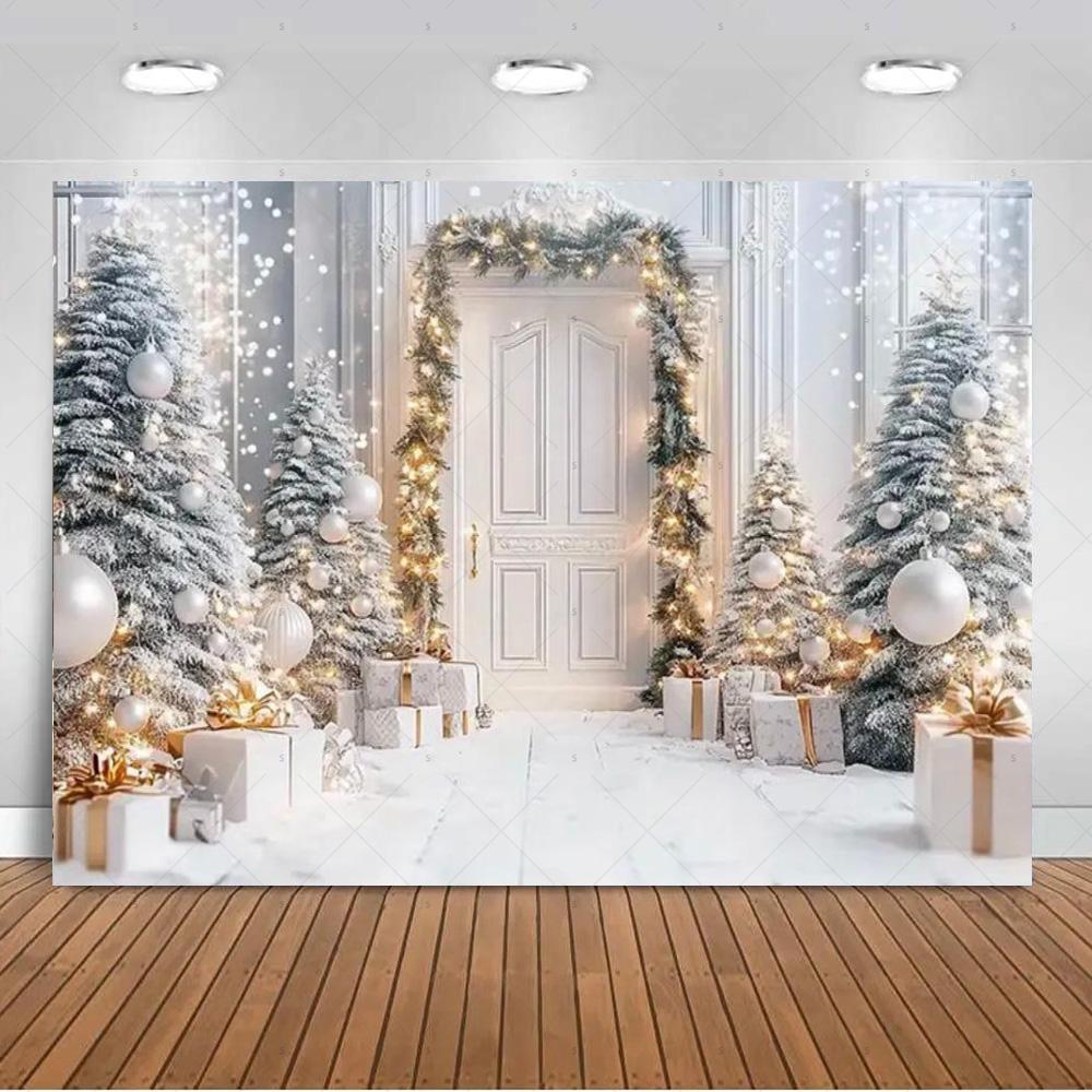 White Christmas Snow Scenery Background Xmas Tree Garland Gifts Photography Backdrop Family Xmas Party Decoration Photo Studio