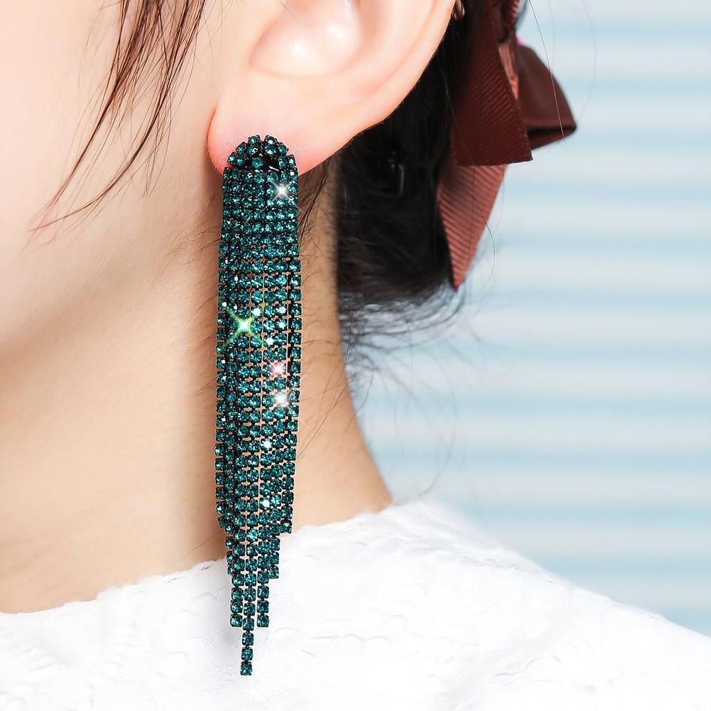 European & American Glam Rhinestone Tassel Long Earrings for Evening Events