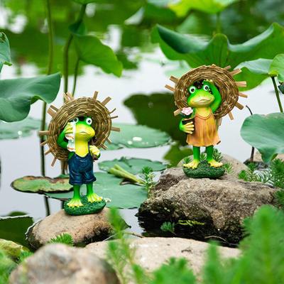 2Pcs Frosch Paar Garten Statuen Harz Figuren Außerhalb Desktop Tier Skulptur tragen Sonnenhut