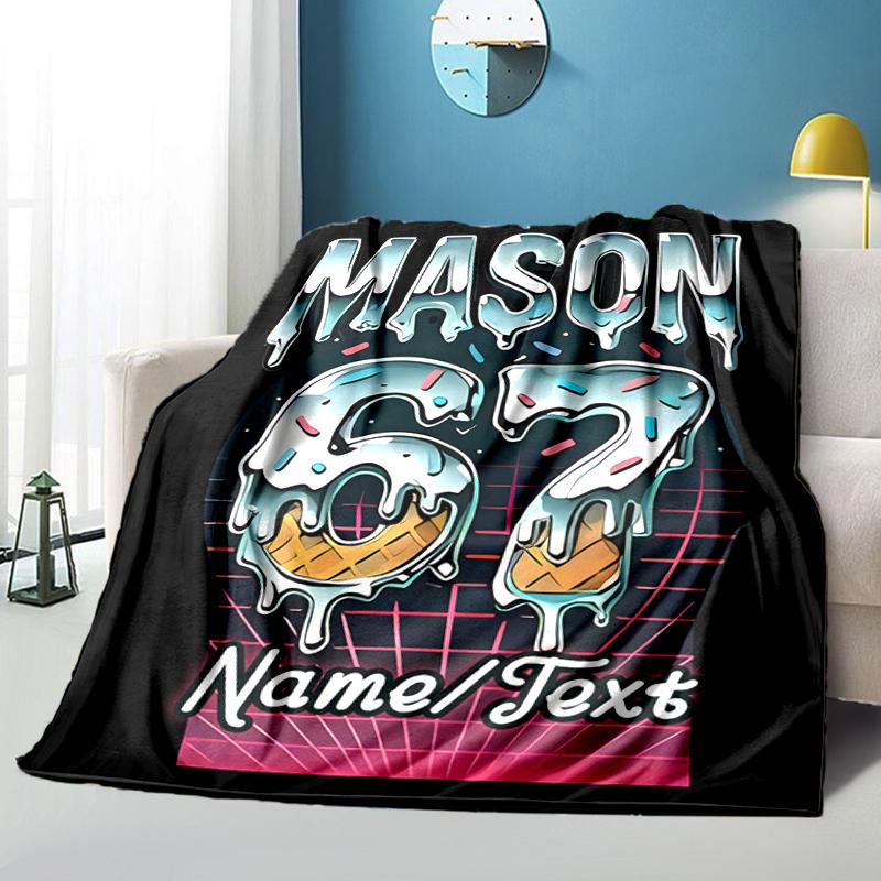 1PC Custom Name Ice Cream Neon" Flannel Blanket Versatile,all-season Throw Suitable for the Living Room,bedroom,camping,travel,and Gift