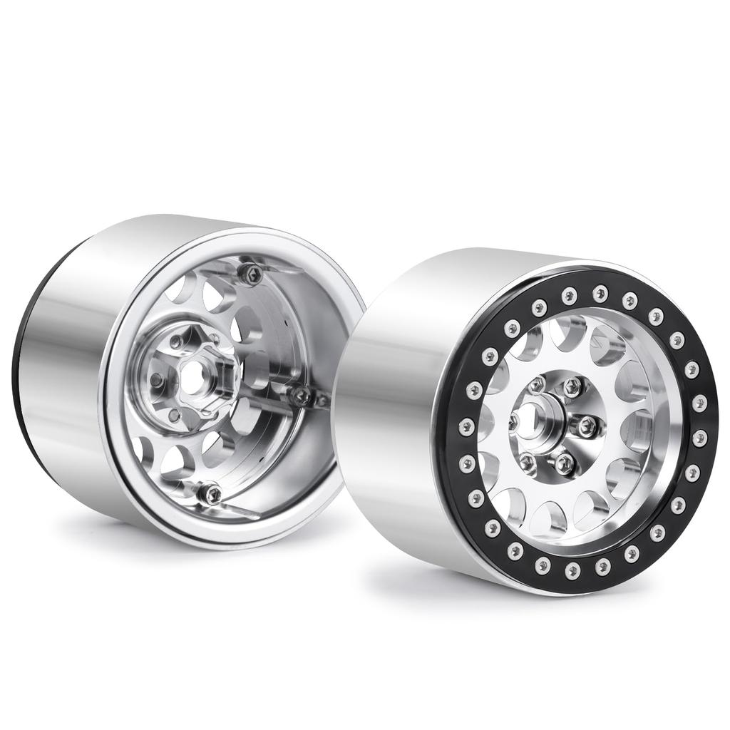 TRZX 4pcs Aluminum Beadlock Rims, 2.2" Wheels, RC Rim Hubs, 45mm, for 110 RC Crawler Axles: SCX10 (90046), TRX4, Wraith (90048), RR10 (Silver + Black)