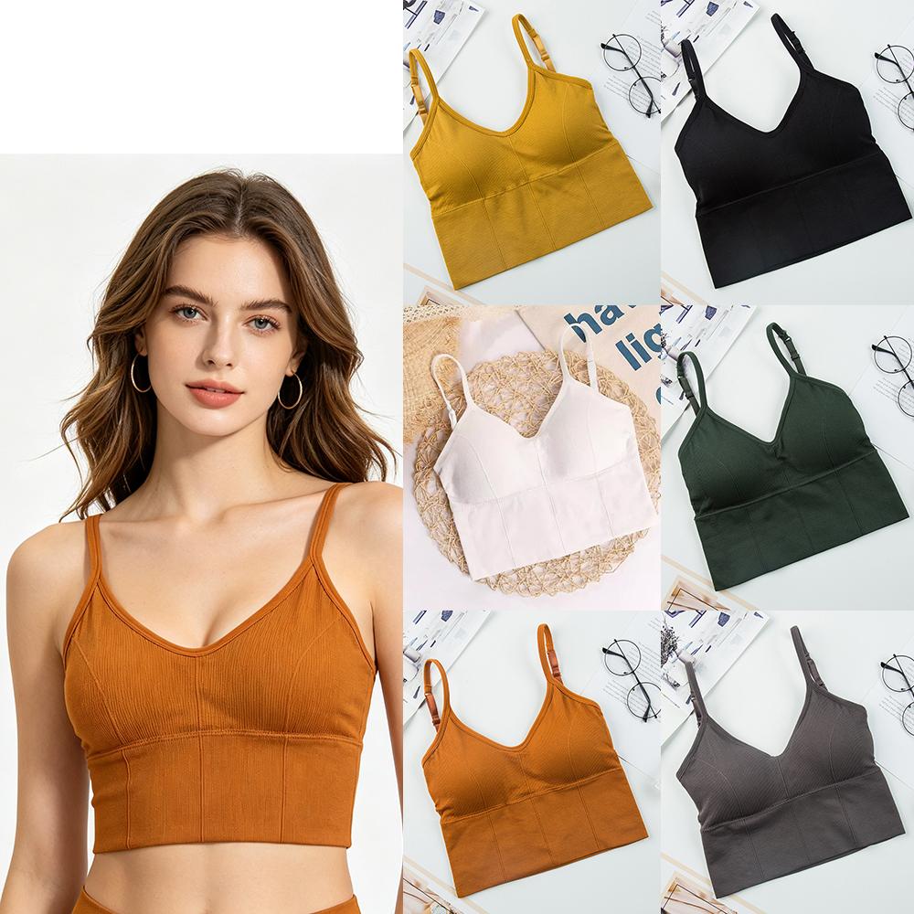 Women's Ribbed V-Neck Cami Top, Seamless U-Back Bralette with Built-in Bra