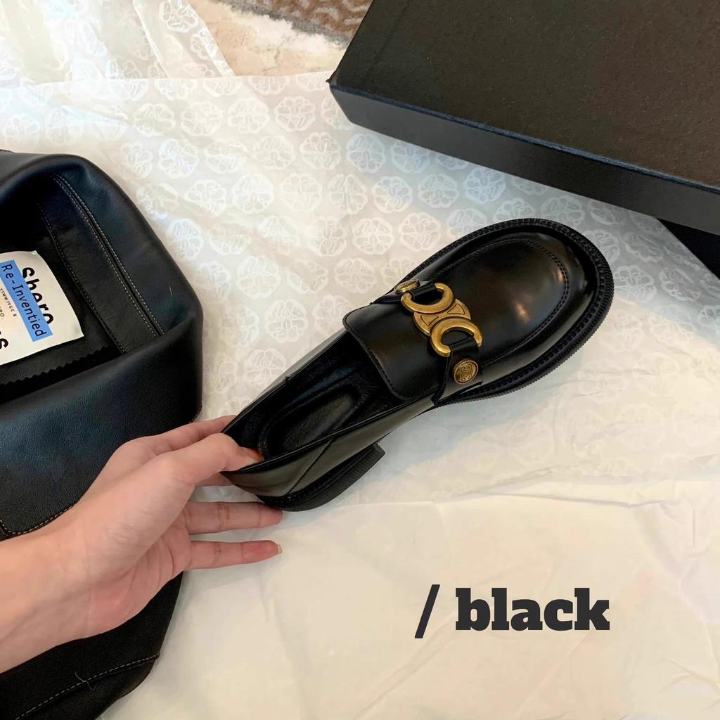 Spring and autumn new small gold buckle round head thick sole middle heel one pedal loafer single shoes women's genuine leather flat shoes sm