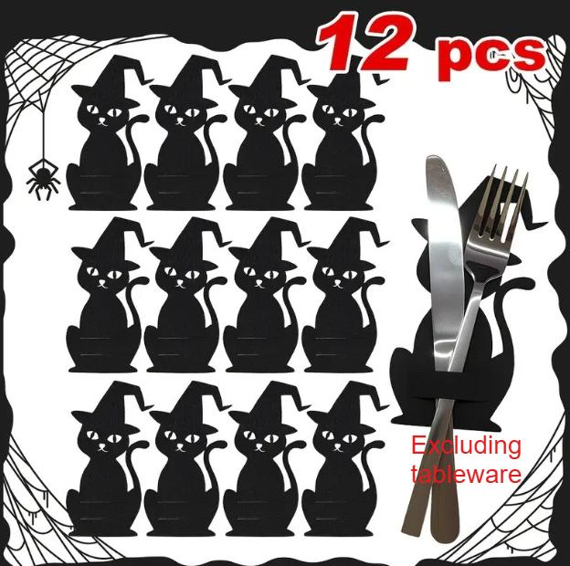 Halloween Schwarze Fledermaus Tischsets, Messer- und Gabelhalter, Süßigkeiten-Clips, Geeignet für verschiedene Anlässe einschließlich Zuhause, Küche, Hotel