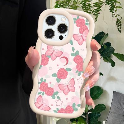 Pink Roses Butterfly Phone Cover for iPhone 11 12 13 14 15 Pro Max 6 6S 7 8 Plus Xs Wave Edge Shockproof Protective Rubber Case