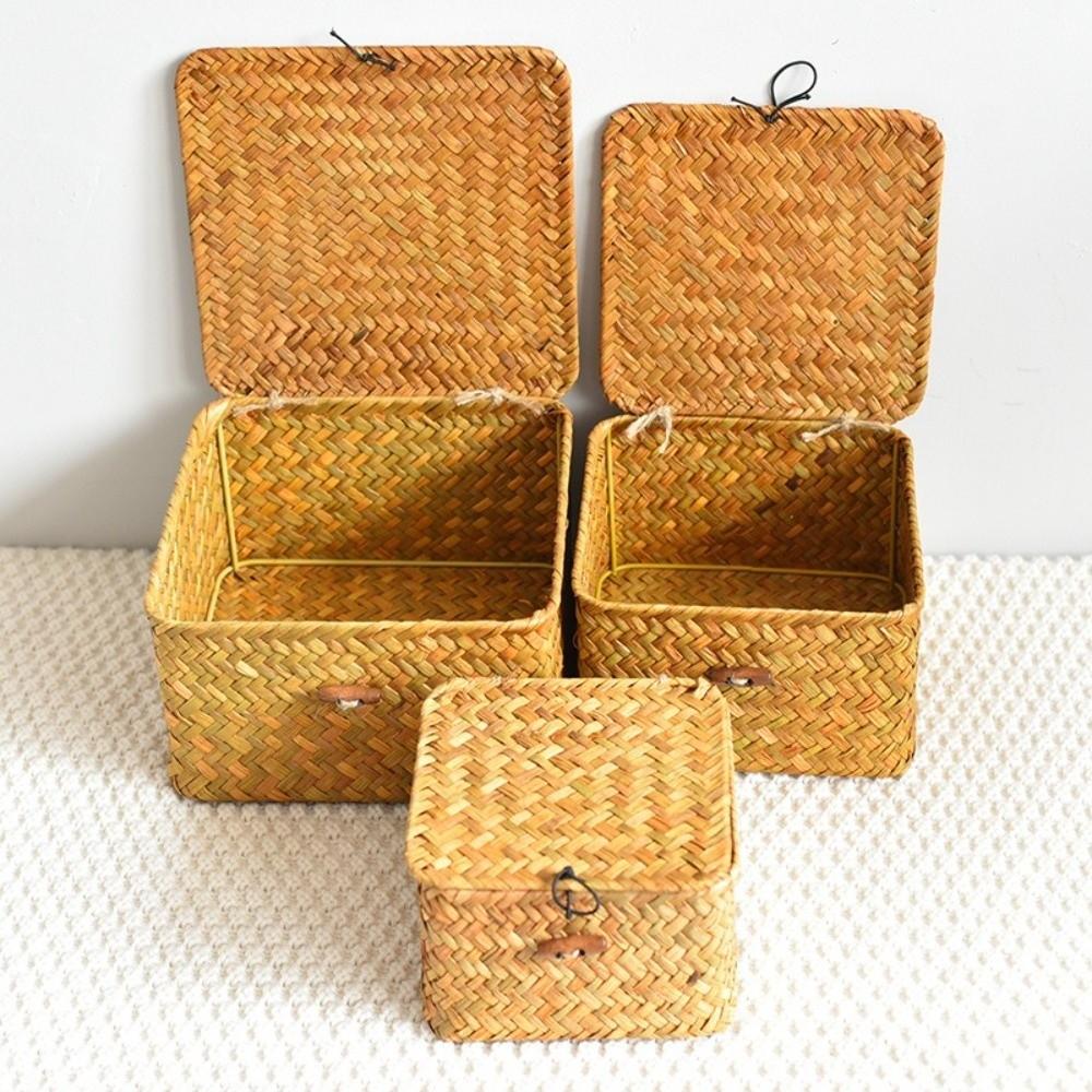 Eco-Friendly Sea Grass Wicker Shelf Baskets Weaving with Lid Storage Box Woven Basket Handwoven Seagrass Basket Home Organizer