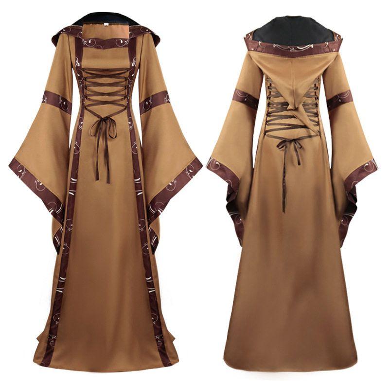 2020wish Foreign Trade European and American Medieval Retro Hood Dress Square Collar Lace-up Bell Sleeve Swing Skirt