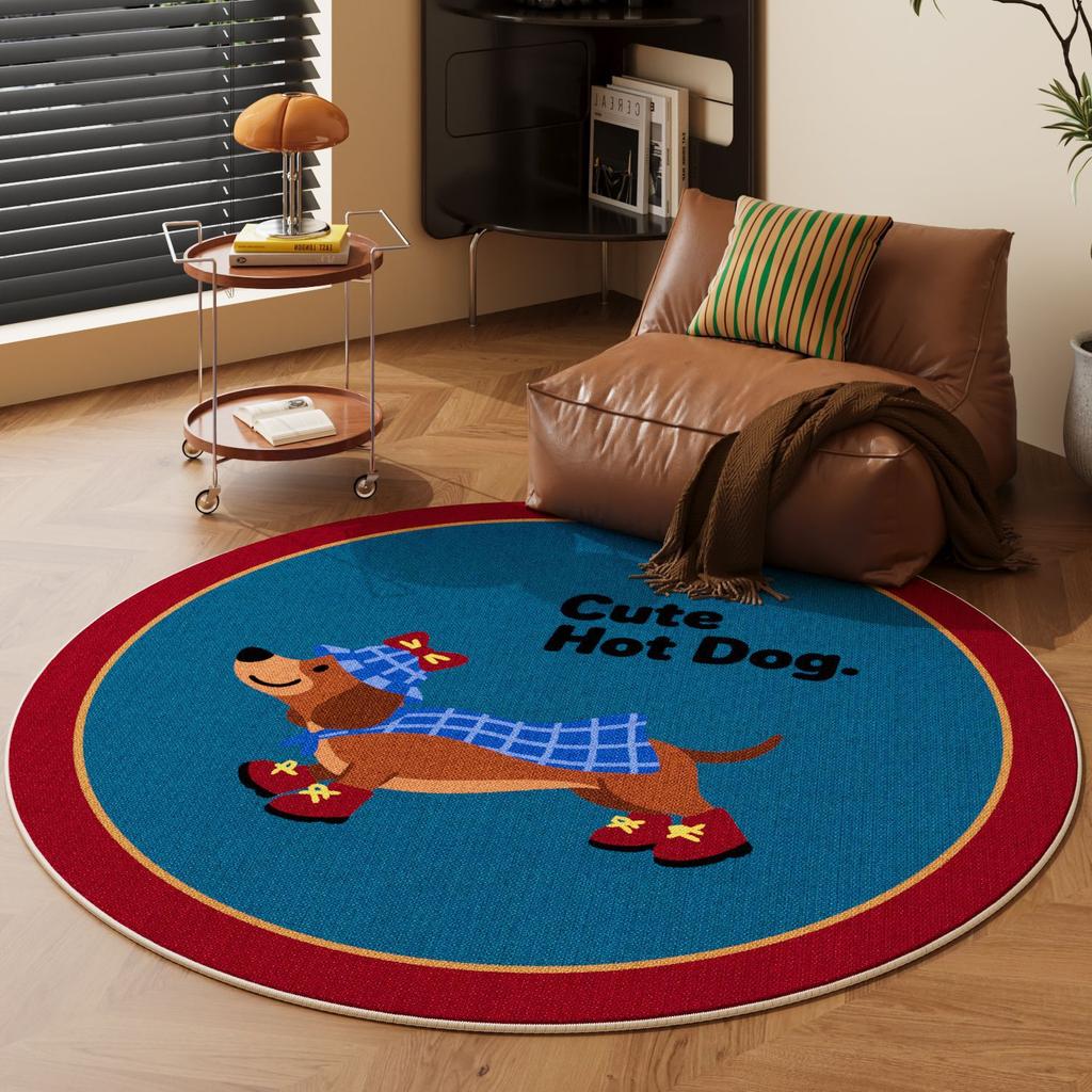 Cartoon Dog Round Carpet Mat - "best Luck" Text Rug with Geometric Border for Living Room Home Decoration Brown Rugs for Bedroom