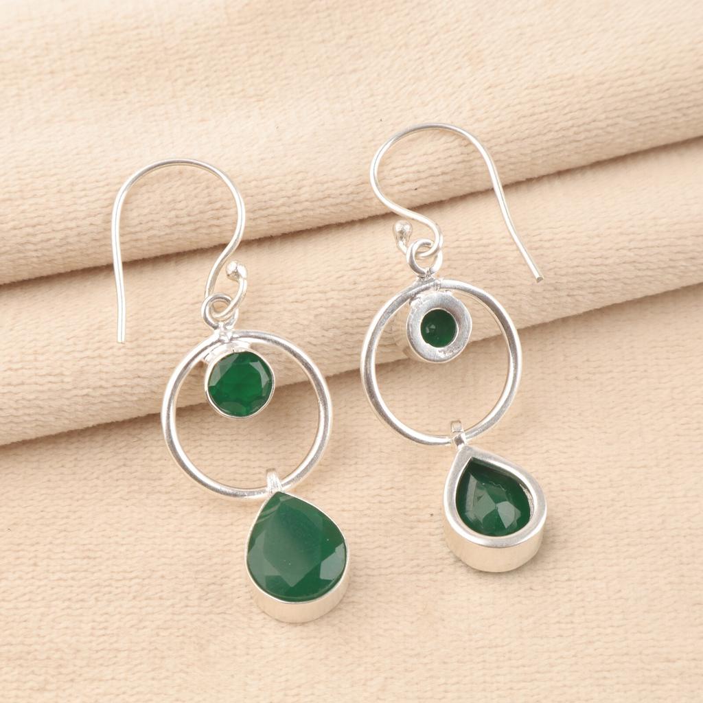 Natural Green Onyx Gemstone 925 Sterling Silver Jewelry Handmade Earrings 2.0" EE-140-9