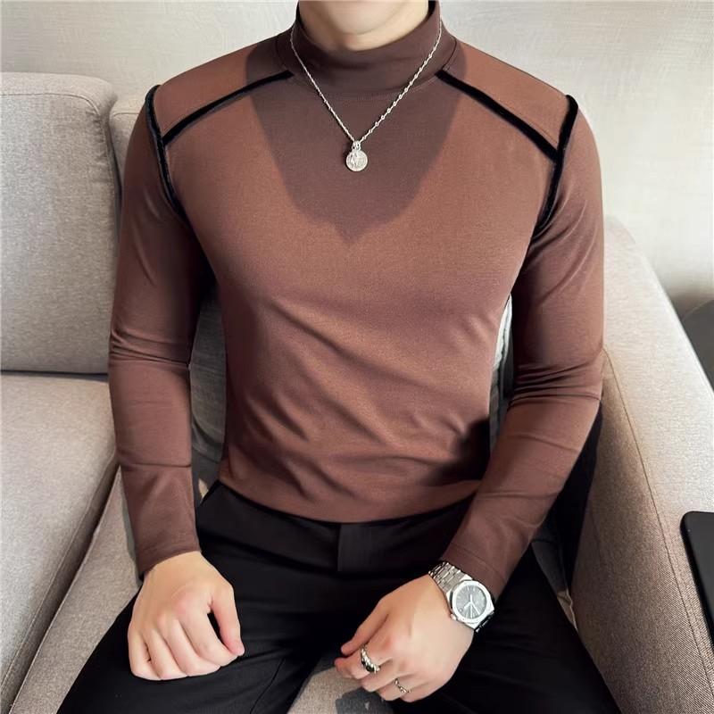

Весенне-осенняя модная футболка с высоким воротником, приталенная, мужская, пэчворк, эластичная, повседневная, мужская, корейский стиль, высококачественные футболки, топы 3XL кофейный